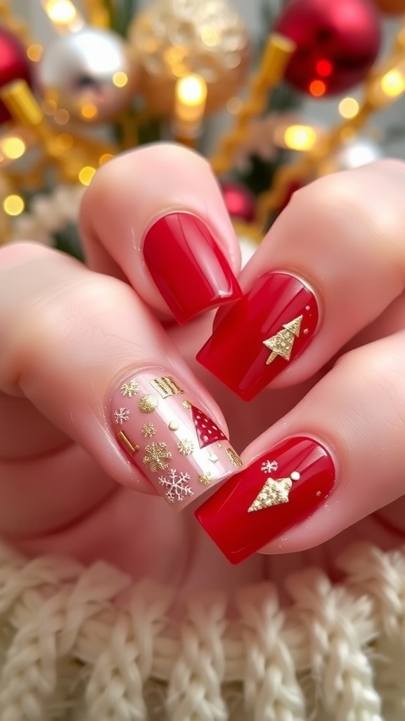 Red square nails with glitter and Christmas-themed decorations in a festive setting.